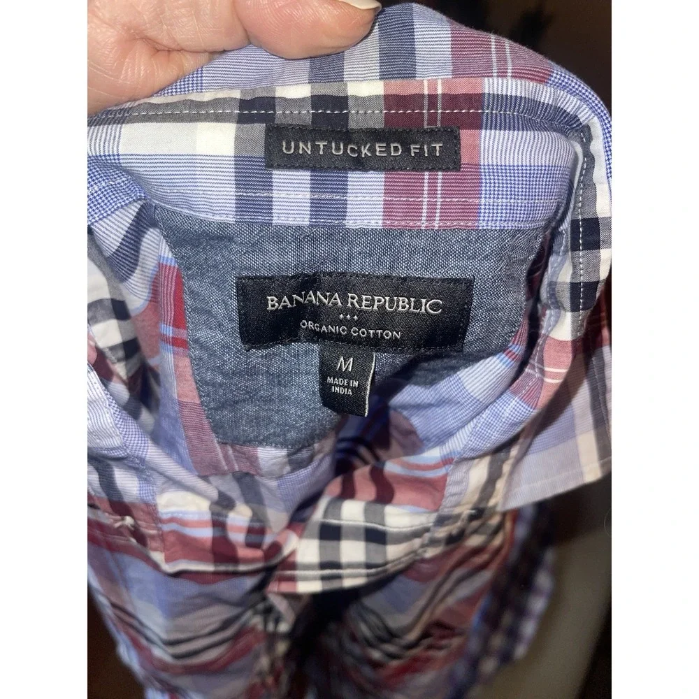 Banana Republic Plaid Untucked Fit‎ Organic Cotton Mens Shirt Medium Red Navy